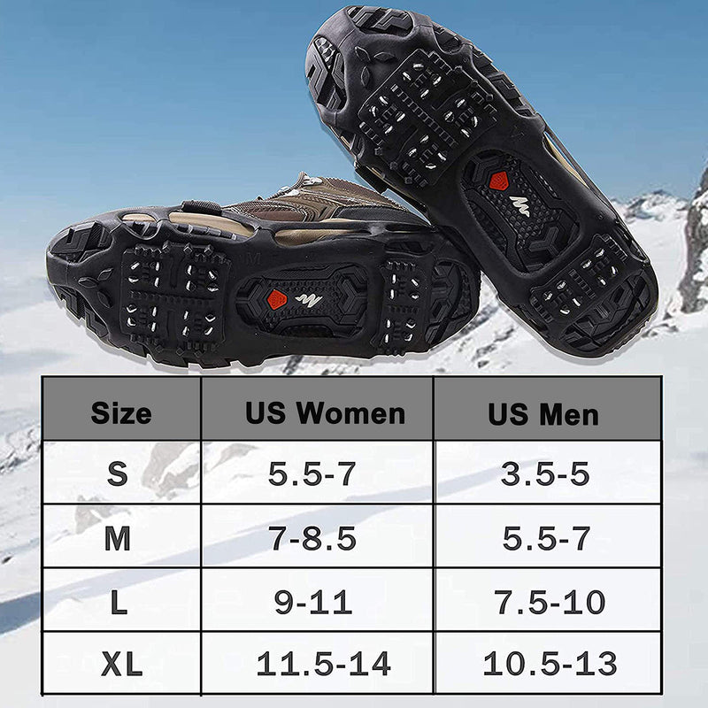 FUSIGO Ice Cleats Snow Traction, 24 Studs Walk Traction Ice Cleat for Shoes and Boots Slip-on Stretch Footwear Crampons for Walking Hiking (1 Pair) L (7.5-10 men/9-11 women) - BeesActive Australia