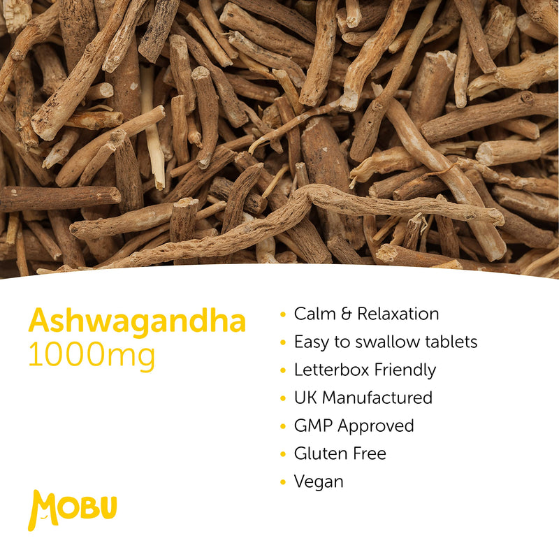 Organic Ashwagandha 1000mg 120 Tablets | Anxiety Tablets & Stress Support | Ayurvedic | GMP Approved | Vegan | Letterbox Friendly | MOBU UK - BeesActive Australia
