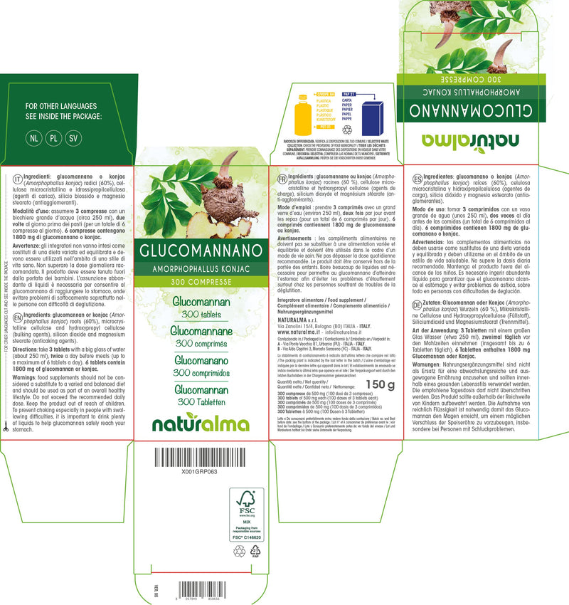 Glucomannan (Amorphophallus konjac) Roots NATURALMA | 150 g | 300 Tablets of 500 mg | Food Supplement | Natural and Vegan - BeesActive Australia