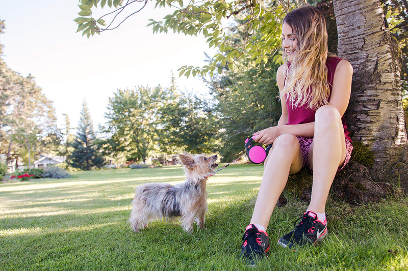 WIGZI Durable Liquid Filled Gel Handle Comfort Grip Retractable Dog Leash, Rust Proof, All Webbing Tape, up to 16' & 110Lbs, EZ on/Off Lock with Enhance Retraction Technology Medium Pink - BeesActive Australia