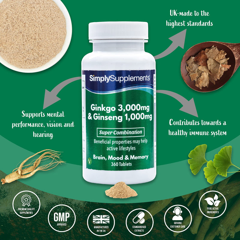 Ginseng & Ginkgo Biloba Tablets | Ultra High Strength Formula | Vegan & Vegetarian Friendly | Popular Supplement for Supporting Vitality and Mental Performance | 360 Tablets | Manufactured in The UK - BeesActive Australia