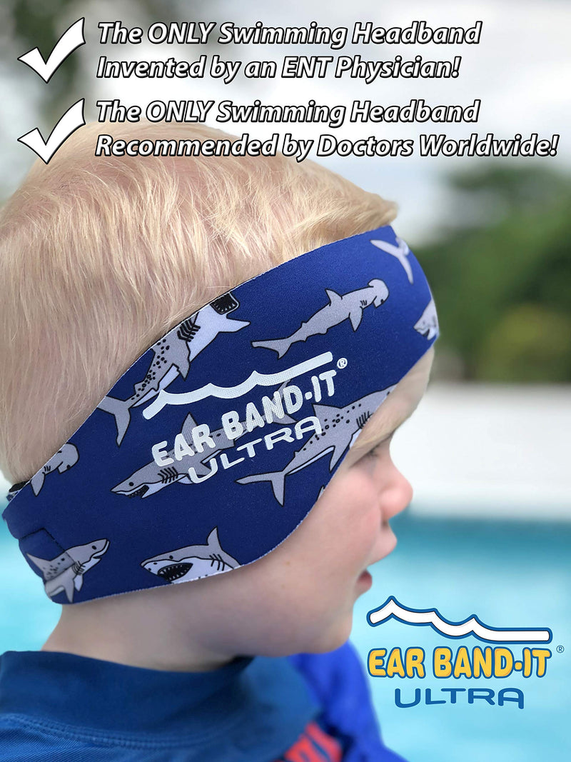 EAR BAND-IT Ultra Swimming Headband - Best Swimmer's Headband - Keep Water Out, Hold Earplugs in - Doctor Recommended - Secure Ear Plugs - Invented by ENT Physician Small (ages 3mo to 1yr) Sharks - BeesActive Australia