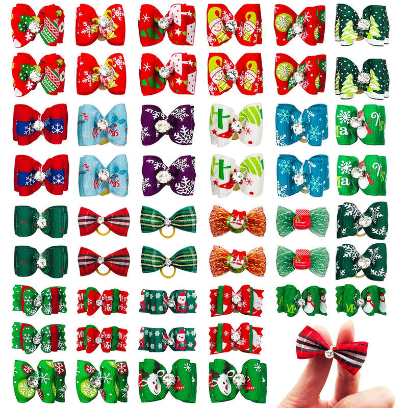 PET SHOW 50pcs/Pack Christmas Small Dog Hair Bows with W/Rubber Bands Xmas Cat Puppy Medium Large Dogs Grooming Topknot Hair Accessories Random Color - BeesActive Australia