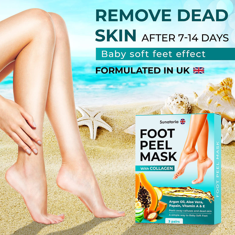 Foot Peel Mask - 2021 Dermatologically Tested - 3 Pack (Pairs) Exfoliating Foot Mask - Makes Feet Baby Soft by Peeling away Calluses - Dead Skin Remover by SUNATORIA - 2021 Updated Formula and Design - BeesActive Australia