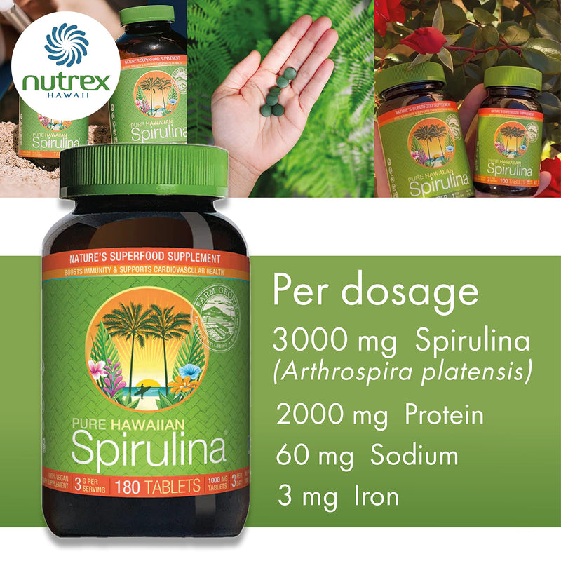 Nutrex Hawaii, Pure Hawaiian Spirulina, 1,000 mg, 180 Vegan Tablets, Lab Tested, Gluten-Free, Soya-Free, Vegetarian - BeesActive Australia