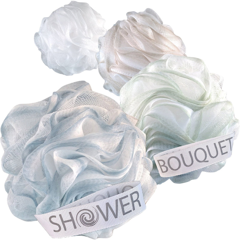Loofah-Bath-Sponge XL-75g-Soft-Set by Shower Bouquet: 4-Pack-Pastel-Colors - Extra-Large Mesh Pouf Scrubber for Men and Women - Exfoliate with Big Lathering Cleanse Pastel Cool-gray, Sage-green, Warm-tan, Lite-white - BeesActive Australia