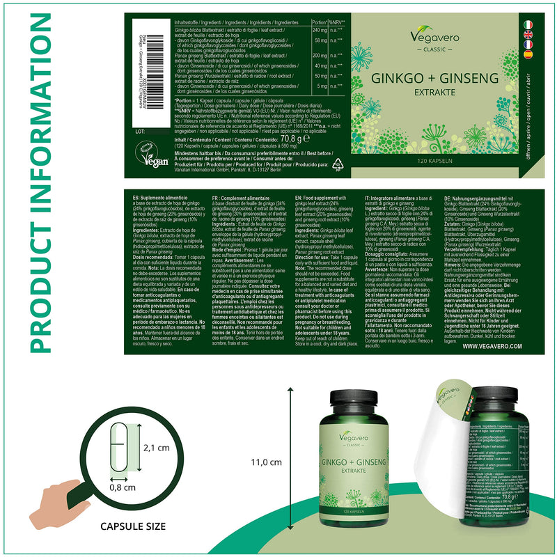Ginkgo Biloba & Panax Ginseng Vegavero� | NO Additives | 12000 mg Ginkgo & 2000 mg Red Korean Ginseng Extracts | Vegan | 120 Capsules (4 Month Supply) - BeesActive Australia