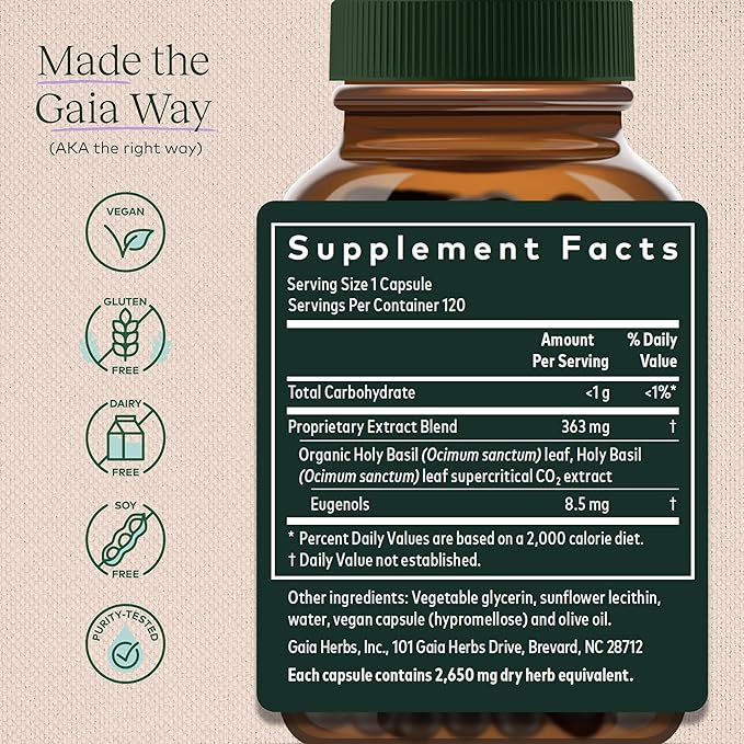 Gaia Herbs, Holy Basil Leaf, 120 Vegetarian Liquid Phyto-Caps - BeesActive Australia