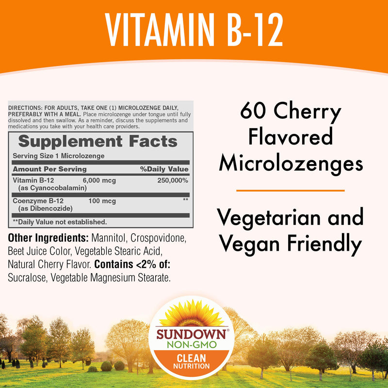 Vitamin B-12 Sublingual by Sundown, Vegetarian, Vegan, Non-GMOˆ, Free of Gluten, Dairy, Artificial Flavors, 60 Microlozenges Cherry Flavor, 6000 mcg, 60.0 Count (65331) - BeesActive Australia