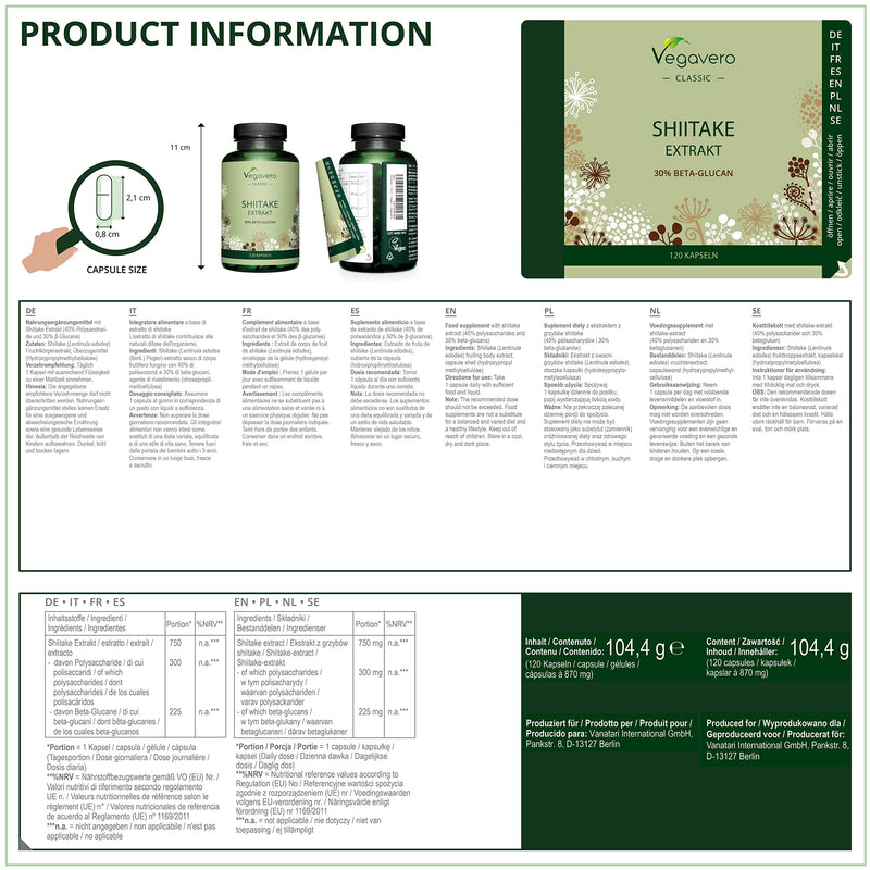 Shiitake Vegavero® | 750mg Mushroom Extract | with 40% Polysaccharides| 120 Vegan Capsules | NO Additives - BeesActive Australia