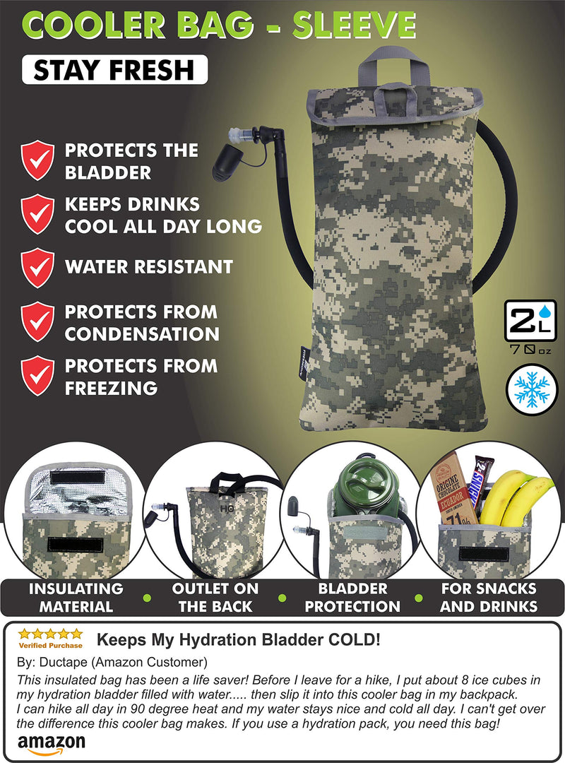 FREEMOVE 2L or 3L Hydration Bladder with a Cooler Bag, Keeps Drink Cool and Protects Bladder or Replacement Bite Valve, Leak Proof Water Reservoir, Tasteless TPU, Quick Release Tube and Shutoff Valve 2L Camo Green - BeesActive Australia