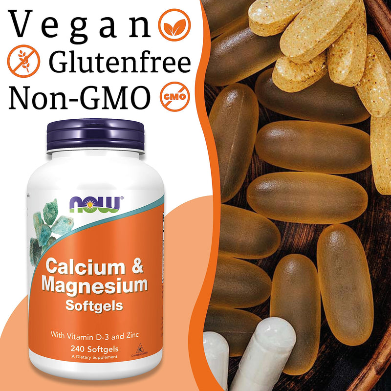 Now Foods, Calcium & Magnesium Softgels, 240 Softgels, Lab-Tested, Vitamin D3, Zinc, Gluten Free - BeesActive Australia