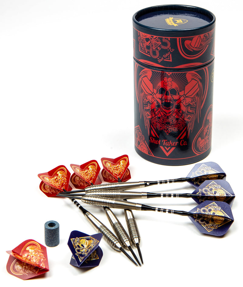 [AUSTRALIA] - SHOT TAKER CO. EST. 2017 Professional Stainless Steel Tip Darts Set | 6 Stainless Steel Barrels 22g | 6 Aluminum Shafts 48mm | 8 Flights Standard | 1 Darts Sharpener | 1 Stylish Case Red Skull 21g 