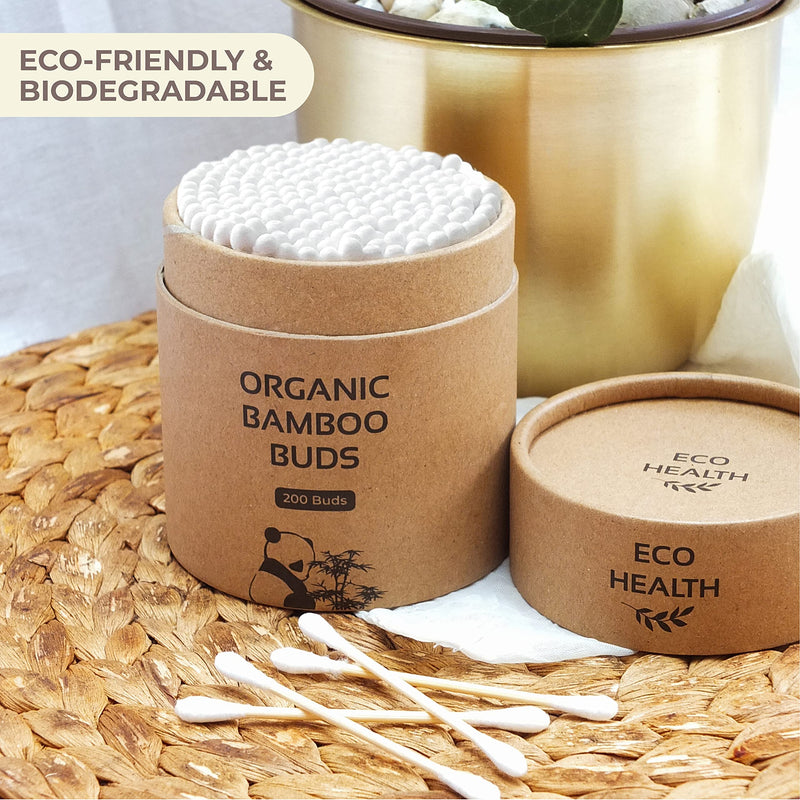 Eco Health Bamboo Cotton Buds - Organic, Biodegradable and Eco Friendly Cotton Buds, Pack of 200 Bamboo Earbuds in a Sustainable Tube, Plastic Free - BeesActive Australia