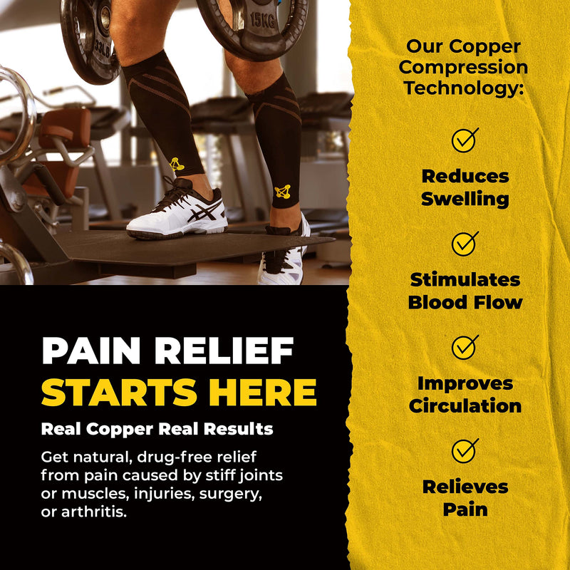 CopperJoint Calf Compression Sleeves for Men & Women - Leg Sleeve and Shin Splints Support - Ideal for Leg Cramp Relief, Varicose Veins, Running - 20-30mmHg Copper Infused Nylon Large Gold - BeesActive Australia