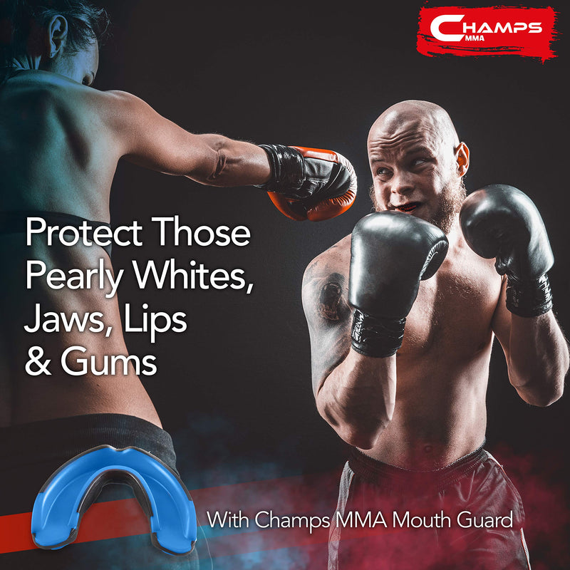 Champs MMA Mouth Guard with Case – Martial Arts Training Equipment Mouthpiece– Wrestling Mouthguard for Boxing, Muay Thai, Contact Sports for Adults and Kids 10+ Boxing Equipment Black/Cyan - BeesActive Australia