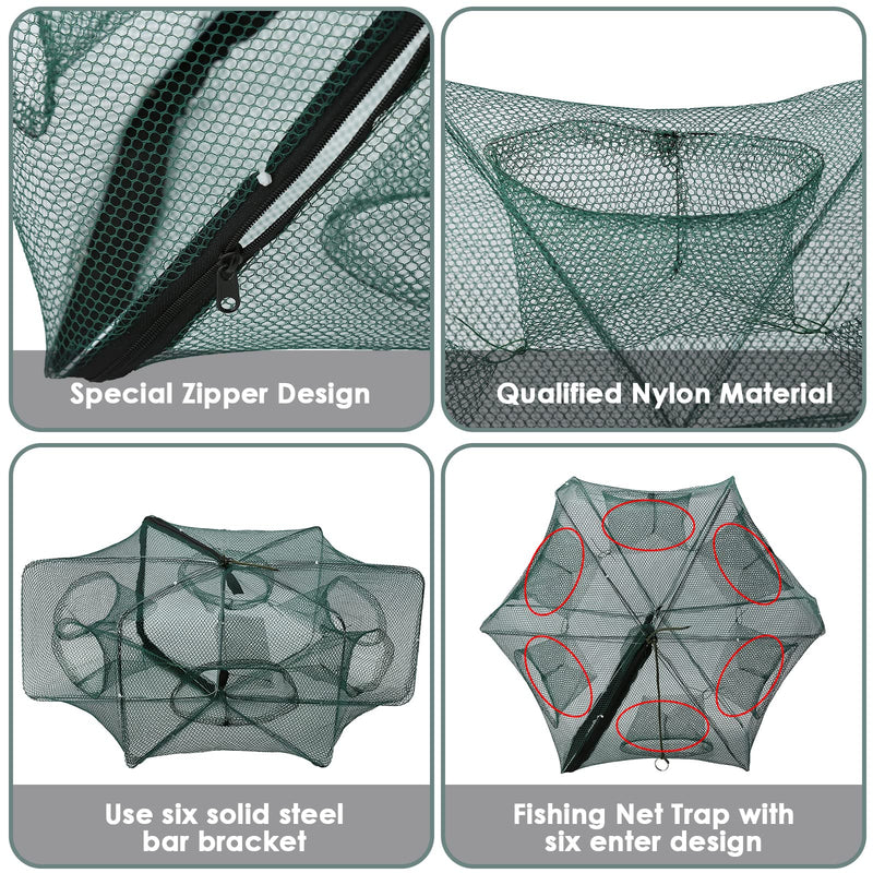 SOONHUA Portable Foldable 6/12 Holes Automatic Fishing Net Landing Trap Cast Dip Cage Fish Shrimp Minnow Crayfish Crab Baits Mesh Trap Dark green - BeesActive Australia