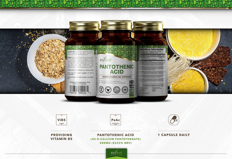 Ezyleaf Pantothenic Acid 500mg Supplement | 200 High Strength Vitamin B5 Capsules - Vitamin B5 Pantothenic Acid Capsules | Pantothenic B5 Acid | ISO Certified, Non-GMO Gluten & Allergen Free | UK Made - BeesActive Australia