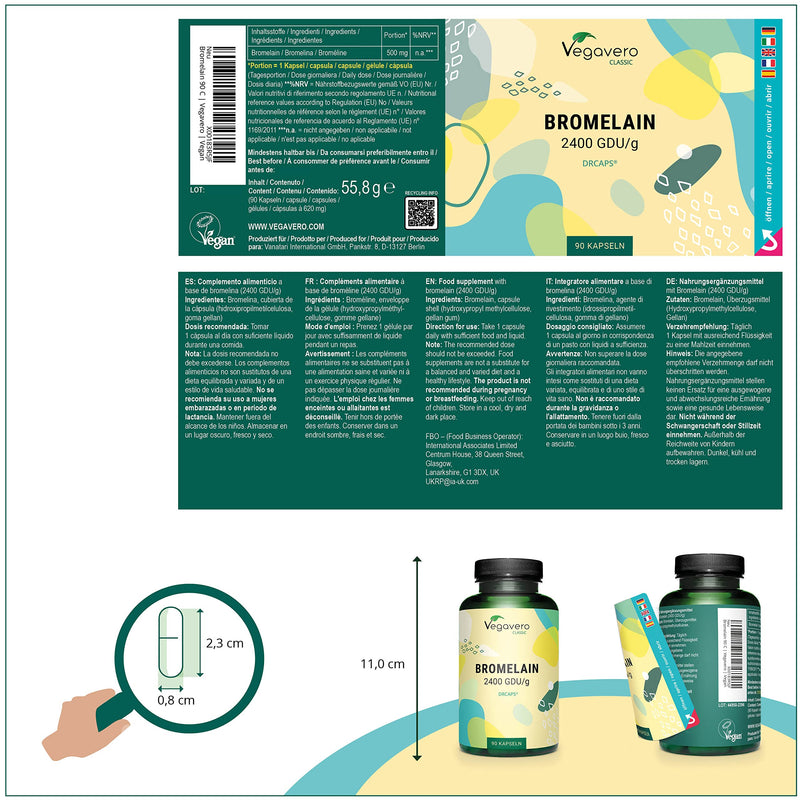 Bromelain 500mg Vegavero� | High Strength - 2400 GDU/g | NO Additives | 90 Gastro-Resistant DrCaps� | Pure Pineapple Enzyme | Vegan - BeesActive Australia