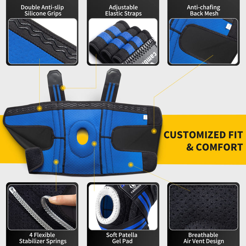 CAMBIVO Anti-chafing Knee Brace for Knee Pain with Side Stabilizers for Women and men, Adjustable Compression Knee Support with Patella Gel Pads, Relief Meniscus Tear, ACL, MCL, Arthritis (1 Pack) Medium Blue - BeesActive Australia