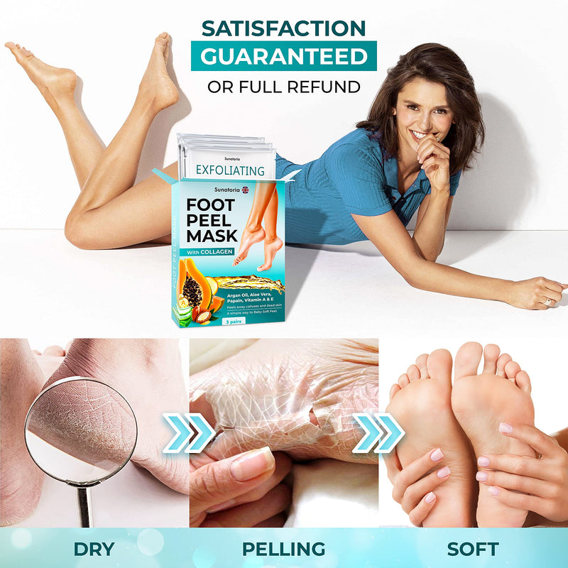 Foot Peel Mask - 2021 Dermatologically Tested - 3 Pack (Pairs) Exfoliating Foot Mask - Makes Feet Baby Soft by Peeling away Calluses - Dead Skin Remover by SUNATORIA - 2021 Updated Formula and Design - BeesActive Australia