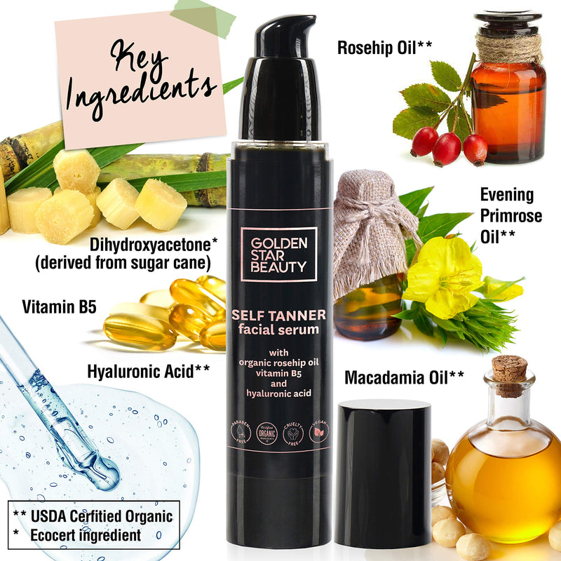 Face Tanner – Self Tan Serum w/Hyaluronic Acid and Organic Rosehip Oil, Self Tanners Best Sellers, Facial Sunless Tanner for Natural Sunkissed Glow, Fake Tan Moisturizer 2.0 fl - BeesActive Australia