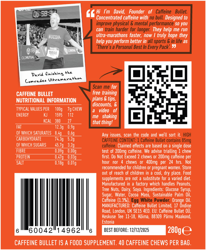 Caffeine Bullet 40 Chocolate Caffeine Chews. Each 85mg Caffeine - Chocolate Orange Energy Gummies: Kick Faster Than Energy gels for a Cycling, Endurance Sports & Stay Awake Chocolate Boost 40 Count (Pack of 1) - BeesActive Australia