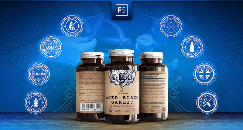 FS Aged Black Garlic Capsules | 180 High Strength Black Garlic Capsules - 10,000mg Garlic Extract per Capsule | Odourless Garlic Supplement | Non-GMO, Gluten & Allergen Free | Manufactured in The UK - BeesActive Australia