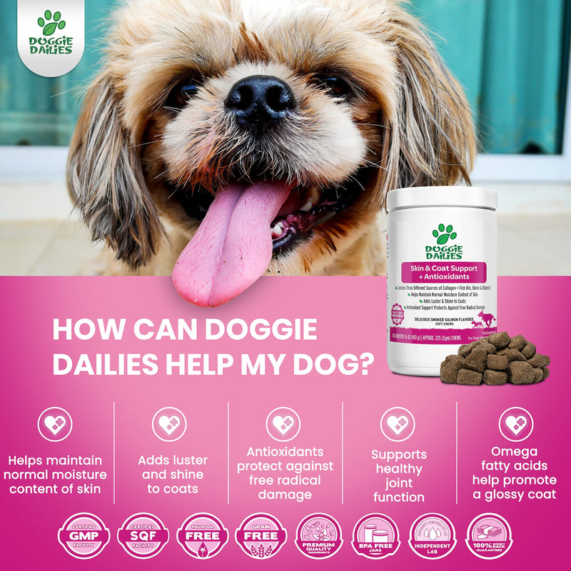 Doggie Dailies Skin & Coat Supplement + Antioxidant Support, 225 Soft Chews, Salmon Oil for Dogs Skin and Coat with Collagen, Omega 3, Krill Oil, Biotin, & Coconut Oil for Dogs - BeesActive Australia