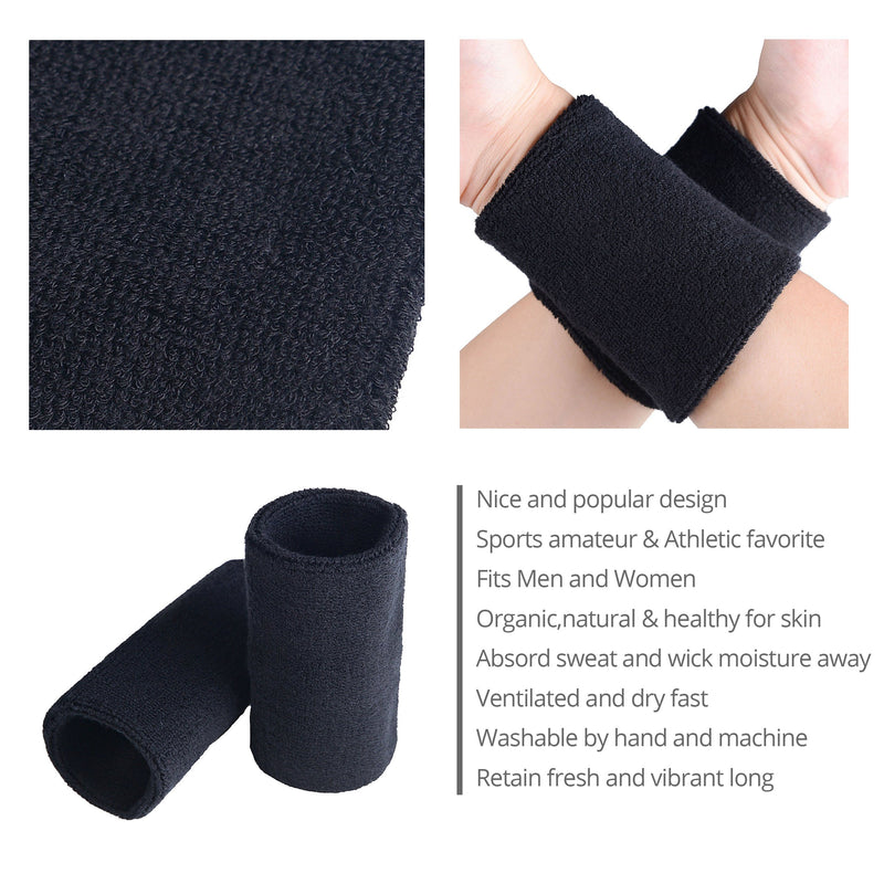 HBY 3 Pairs Long Athletic Thick Cotton Wristband Sweatband for Sports Black - BeesActive Australia