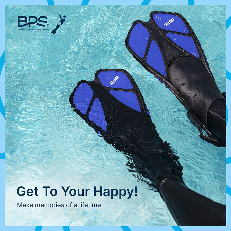 BPS Snorkel Fins, Travel Size Swim Fins Open Heel Adjustable Flippers for Swimming Diving Snorkeling - Men Women 05 Swim Fins and Bag - Blue XX-Small/X-Small - BeesActive Australia