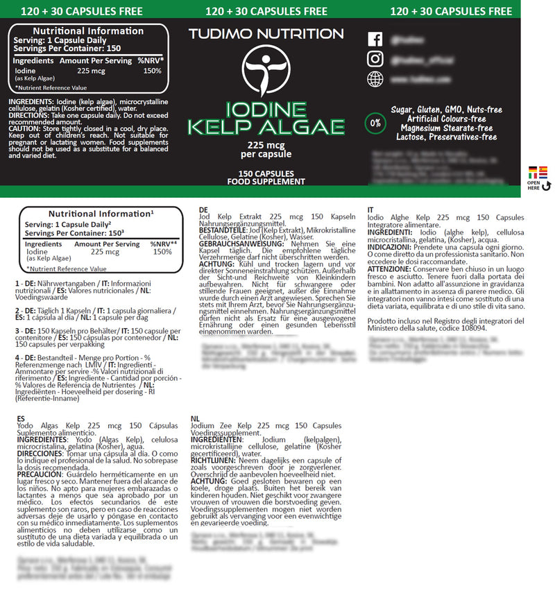 Iodine Sea Kelp Capsules - 225mcg of Kelp Algae Extract - 150 pcs (5 Month Supply) of Rapidly Disintegrating Capsules, Each with 225 mcg of Premium Quality & Pure Iodine SeaKelp Powder - BeesActive Australia