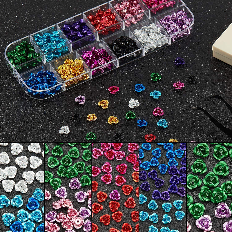 480 Pieces Metal Rose Flower Nail Charms 3D Flower Valentine's Day Nail Art Decoration Flower Nail Art DIY Jewelry Charms with Tweezers for Nail Art Decoration Jewelry Accessories - BeesActive Australia