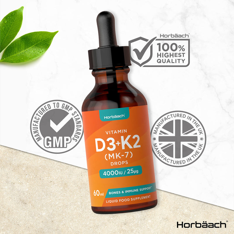 Vitamin D3 4000 IU Plus Vitamin K2 MK7 25ug | 60 ml Liquid Drops | High Strength Bone Health and Immune Support | by Horbaach - BeesActive Australia