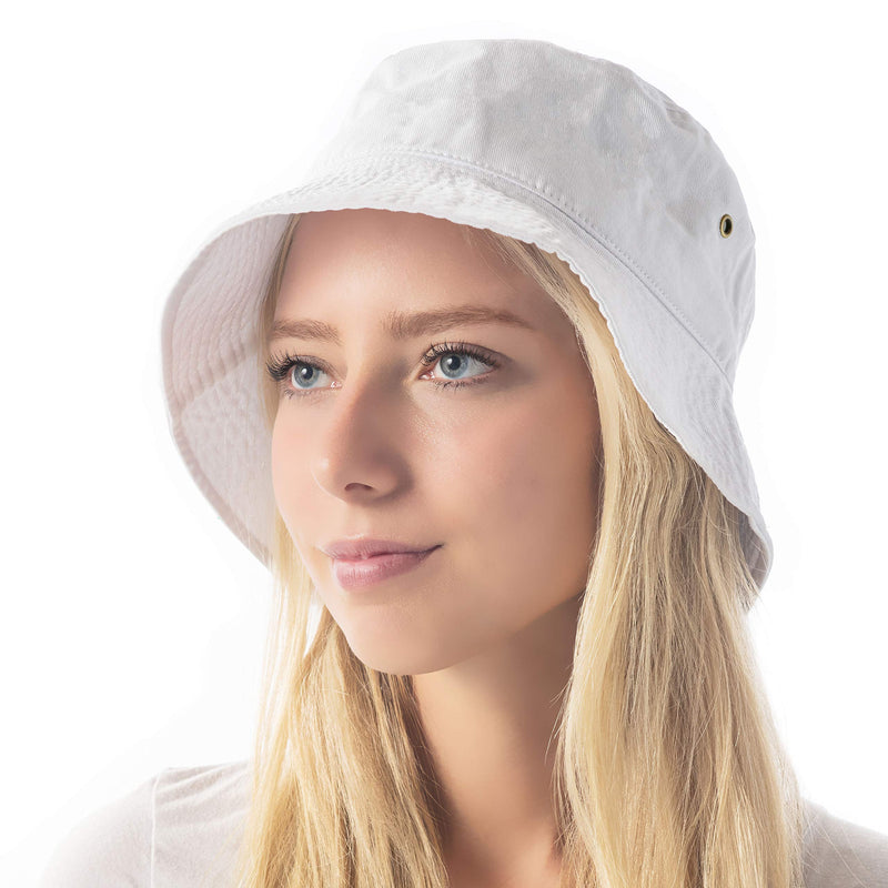 The Hat Depot Bucket Hat - Unisex 100% Cotton & Denim Packable Summer Travel Beach Sun Hat Small-Medium White - BeesActive Australia