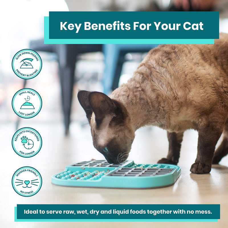 Lickimat Cat & Kitten Slomo Food Lick Mat, No Mess Combo Feeder Slow Feeder. Perfect for Wet Food & Dry Food; Calming Treat Dispenser; Anxiety Relief. Interactive Alternative Cat Bowls, Puzzle Toys Turquoise - BeesActive Australia