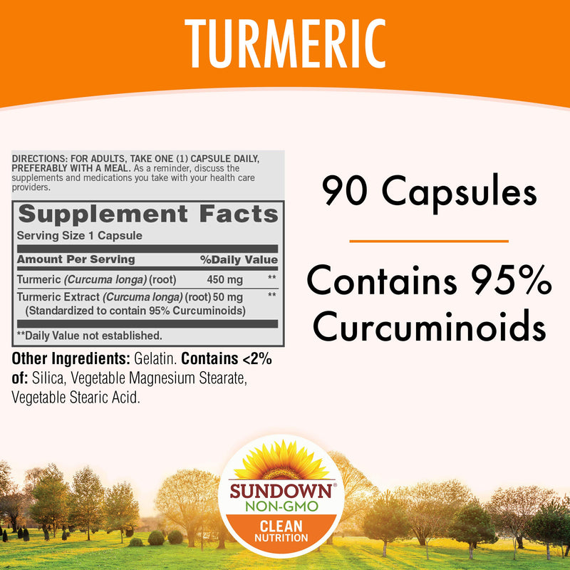 Turmeric Supplements by Sundown, for Antioxidant Health, Standardized Turmeric Extract, Non-GMOˆ, Free of Gluten, Dairy, Artificial Flavors, 500 mg, 90 Capsules 90 Count (Pack of 1) - BeesActive Australia