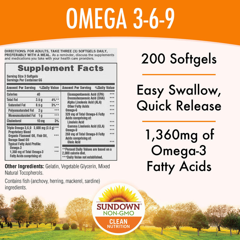 Sundown Triple Omega 3-6-9, Heart and Circulatory Health, 200 Softgels (Packaging May Vary) - BeesActive Australia