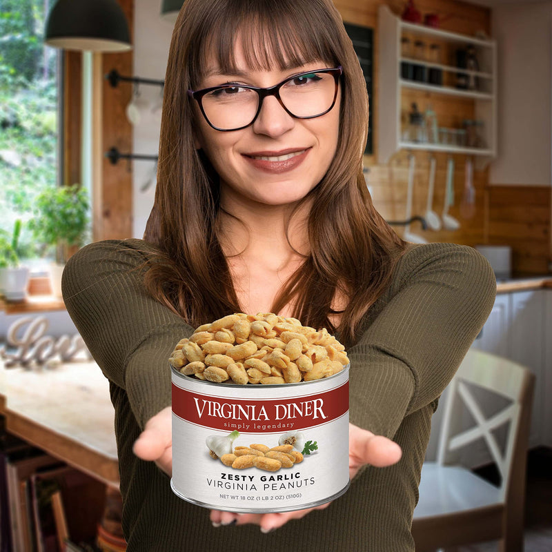 Virginia Diner - Zesty Garlic Seasoned Extra Large Virgnia Peanuts 18oz in Resealable Can for Snacking or Gifting 18 - BeesActive Australia