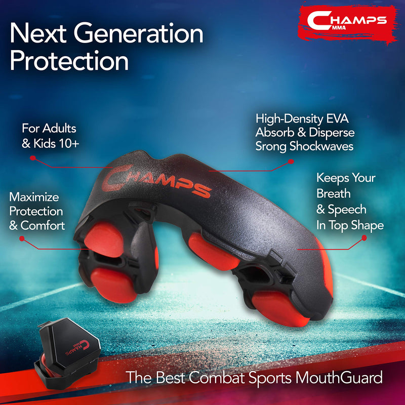 Champs MMA Mouth Guard with Case – Martial Arts Training Equipment Mouthpiece– Wrestling Mouthguard for Boxing, Muay Thai, Contact Sports for Adults and Kids 10+ Boxing Equipment Black/Red - BeesActive Australia
