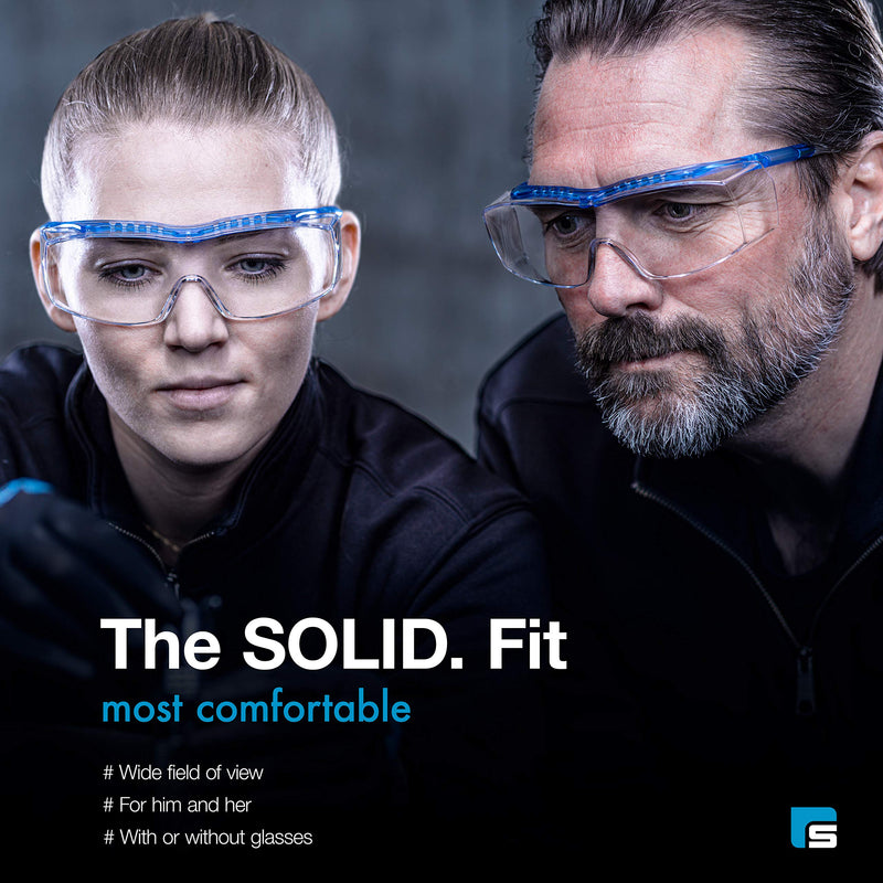 Solid. safety glasses over eyeglasses | Protective eyewear with integrated side protection | Fits over prescription glasses | Clear, anti-fog, scratch-resistant, UV-protective lenses | For men & women - BeesActive Australia