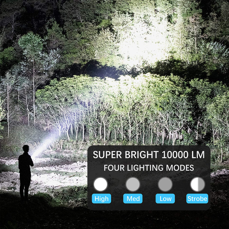 Rechargeable Led Flashlight, 10000 Lumens Super Bright Flashlights High Lumens tactical Flashlights with 26650 Batteries Included, Zoomable, 5 Modes, Waterproof Flashlight for Emergencies, Camping - BeesActive Australia