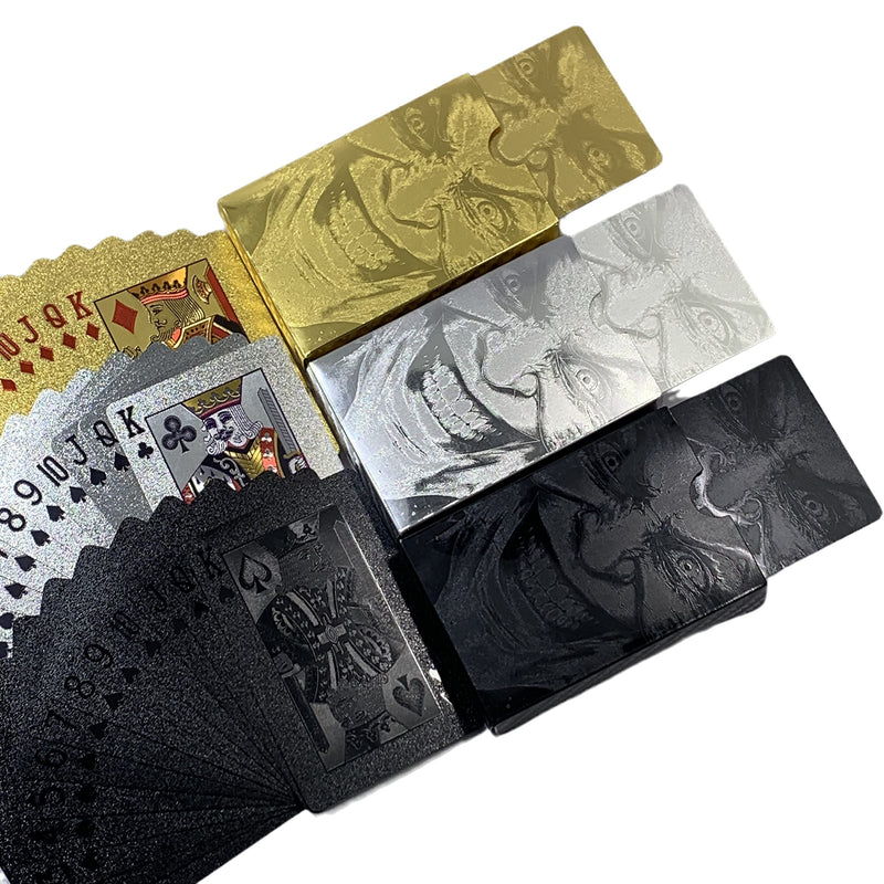 Kxlody Unique Themed Evil Smile Clown 3 Decks Playing Cards Waterproof Deck Cards Plastic Poker Premium Magic Party Game (Black-Gold-Silver) Black-gold-silver - BeesActive Australia