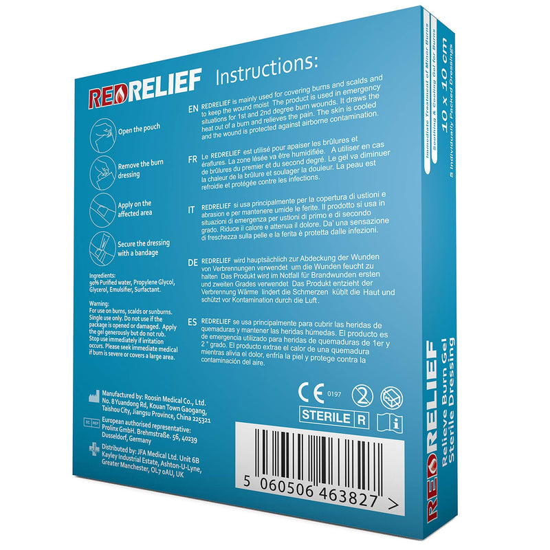 Pack of 5 RedRelief Emergency 10x10cm Burn Dressing - cools, soothes and relieves pain 5 Count (Pack of 1) - BeesActive Australia