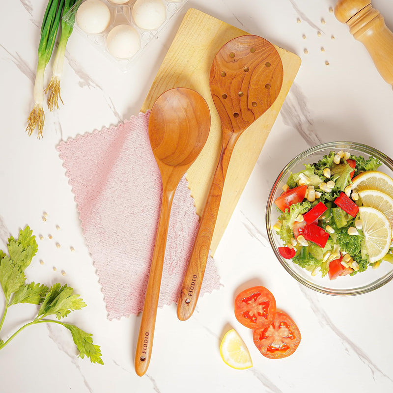 2 Pcs 13.5 Inch Teak Wooden Spoon - Mixing Slooted Spoon Heat Resistant Healthy Cooking Tools Handcrafted by Fiodio Home (Spoon & Round Slotted) Spoon & Round Slotted - BeesActive Australia