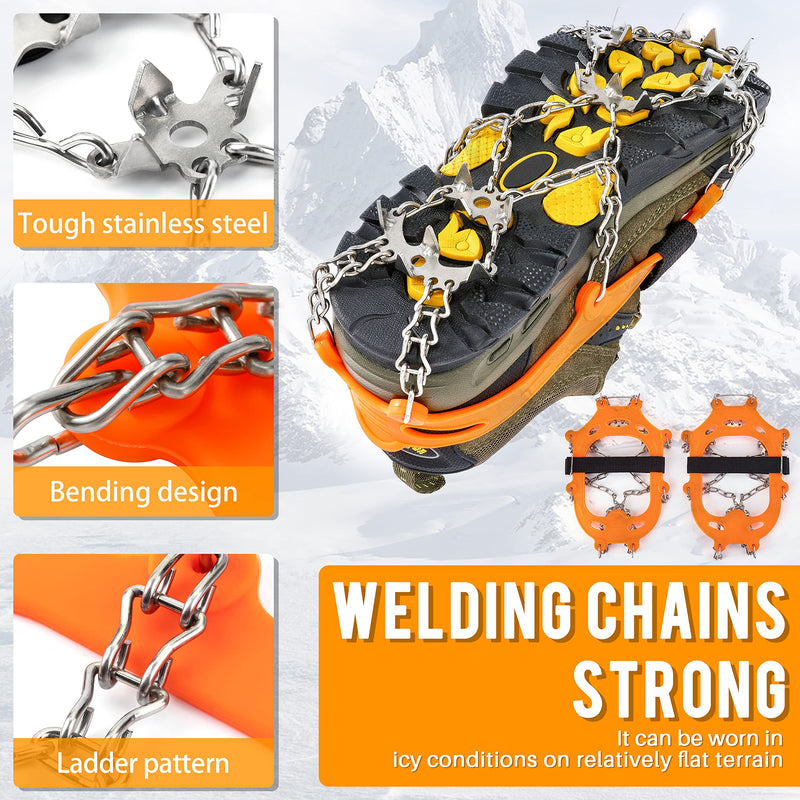 Gelindo Crampons Ice Cleats Traction, 19 Spikes Stainless Steel for Snow Shoes Boots, Safe Protection for Hiking, Walking, Climbing, Jogging, Mountaineering on Snow Muddy Road Anti-Slip Orange Large - BeesActive Australia