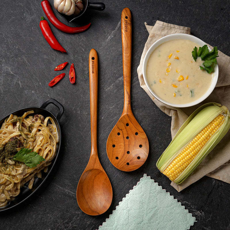 2 Pcs 13.5 Inch Teak Wooden Spoon - Mixing Slooted Spoon Heat Resistant Healthy Cooking Tools Handcrafted by Fiodio Home (Spoon & Round Slotted) Spoon & Round Slotted - BeesActive Australia