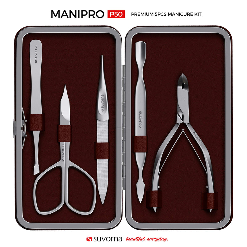 Suvorna Manipro p50 Premium 5 Pcs Manicure Kit Case In Sand Finished Stainless Steel, (Cuticle Nipper, Nail Scissor, Cuticle Pusher, Tweezers & Nail Filer). Perfect little Gift set. Ox Blood - BeesActive Australia