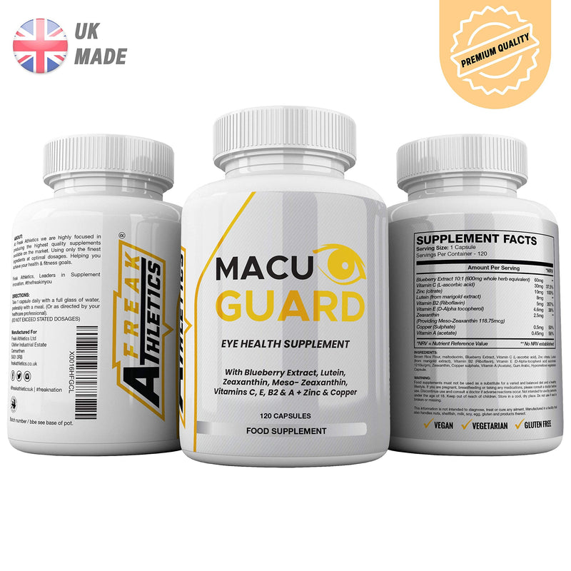 MacuGuard+ Eye Supplement - 120 Capsules - Zeaxanthin, Meso Zeaxanthin, Lutein, Blueberry Extract Plus Vitamins and Minerals - Premium UK Made - BeesActive Australia