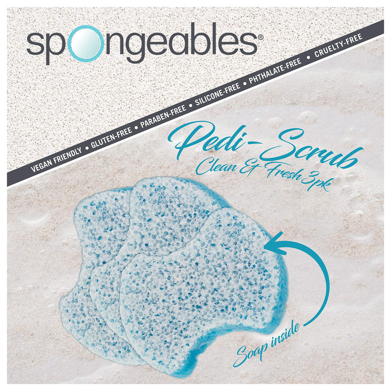 Spongeables Pedi-Scrub Foot Buffer, Clean & Fresh Scent, Contains Shea Butter and Tea Tree Oil, Foot Exfoliating Sponge with Heel Buffer and Pedicure Oil, 20+ Washes, Pack of 3 - BeesActive Australia